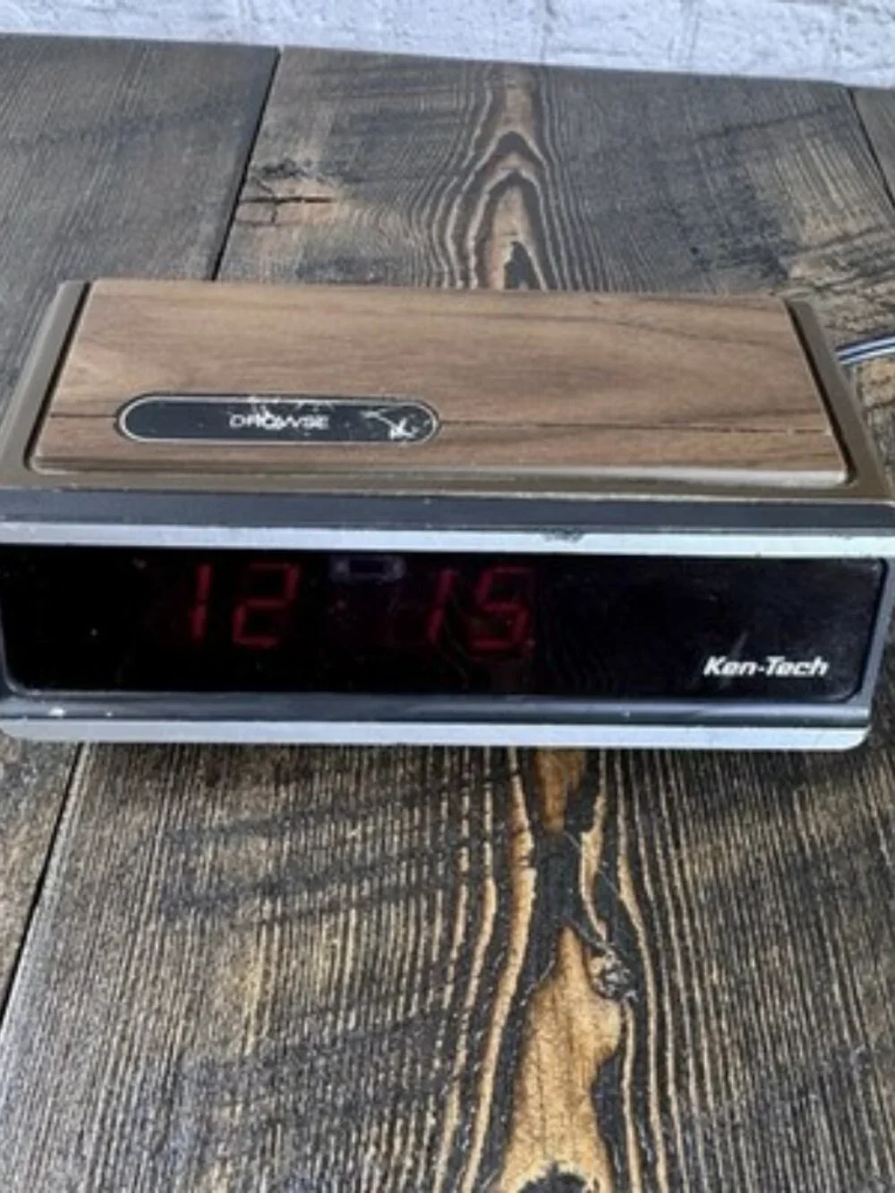 Vintage Ken-Tech Digital Alarm Clock, Model T-2096A, Wood Grain Red LED
